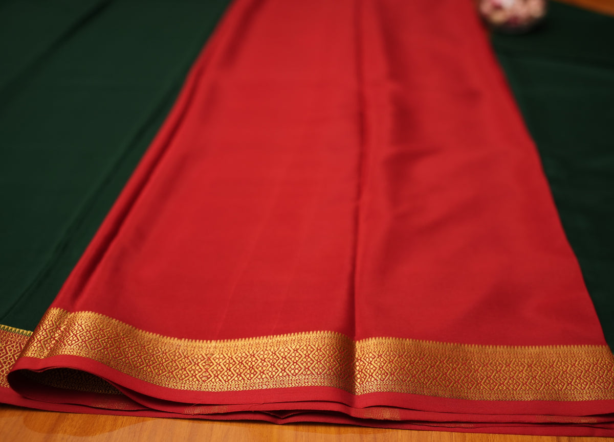 BOTTLE GREEN AND BRICK RED MYSORE SILK SAREE