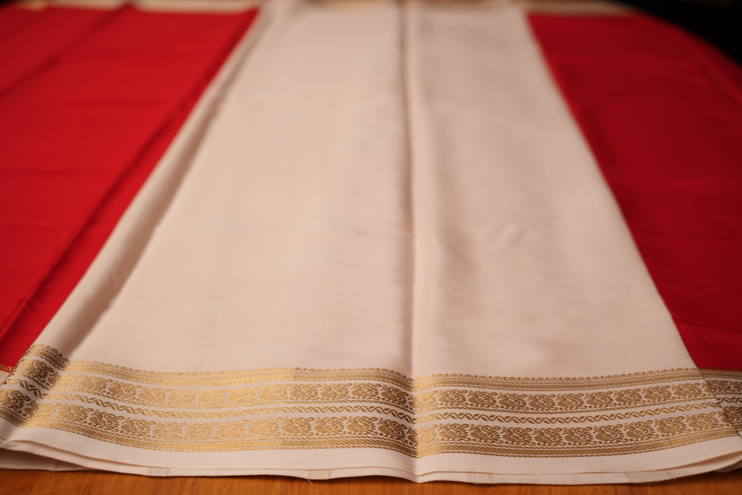 RED AND BEIGE PEACOCK MOTIFS MYSORE SILK SAREE