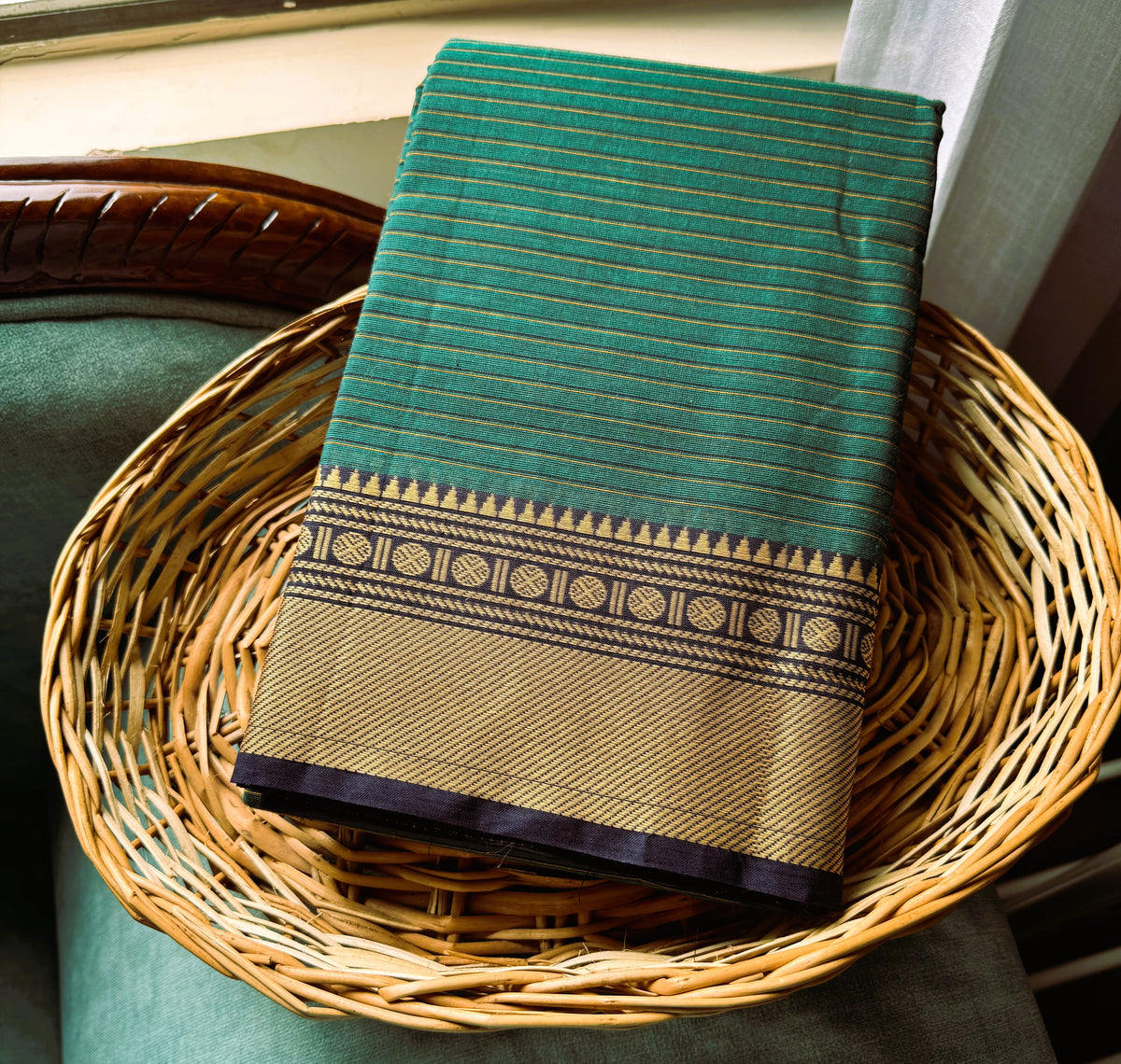 DARK GREEN STRIPES CHETTINAD COTTON SAREE