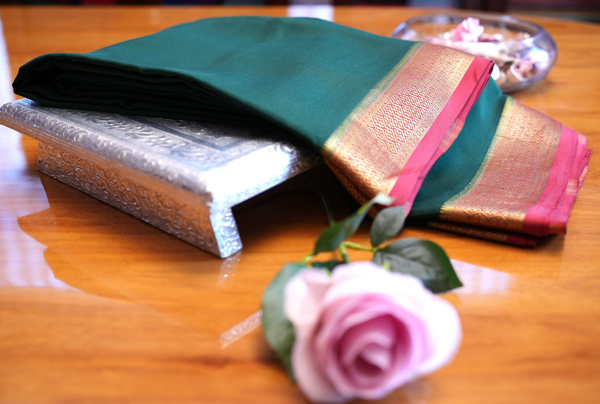 BOTTLE GREEN AND BRICK RED MYSORE SILK SAREE