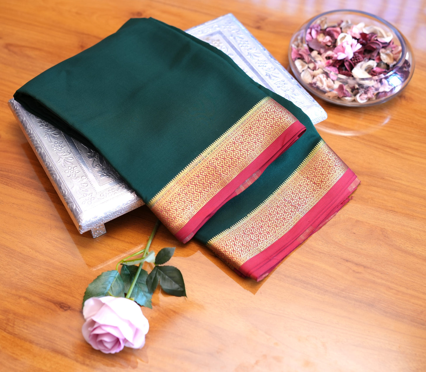 BOTTLE GREEN AND BRICK RED MYSORE SILK SAREE