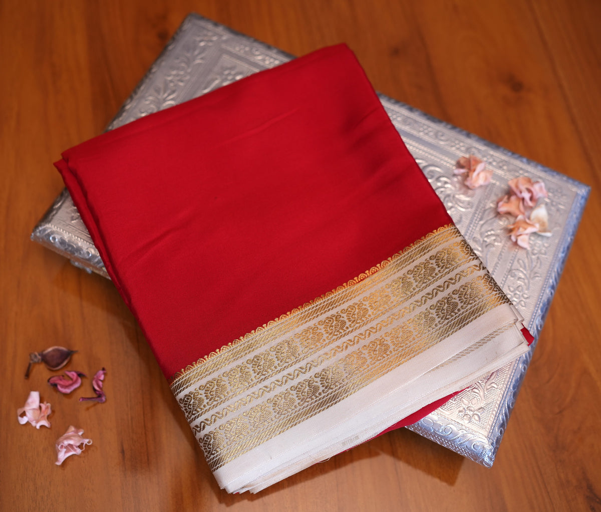 RED AND BEIGE PEACOCK MOTIFS MYSORE SILK SAREE