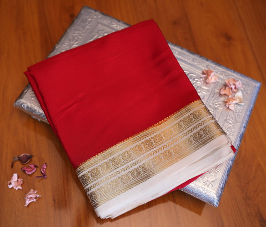 RED AND BEIGE PEACOCK MOTIFS MYSORE SILK SAREE