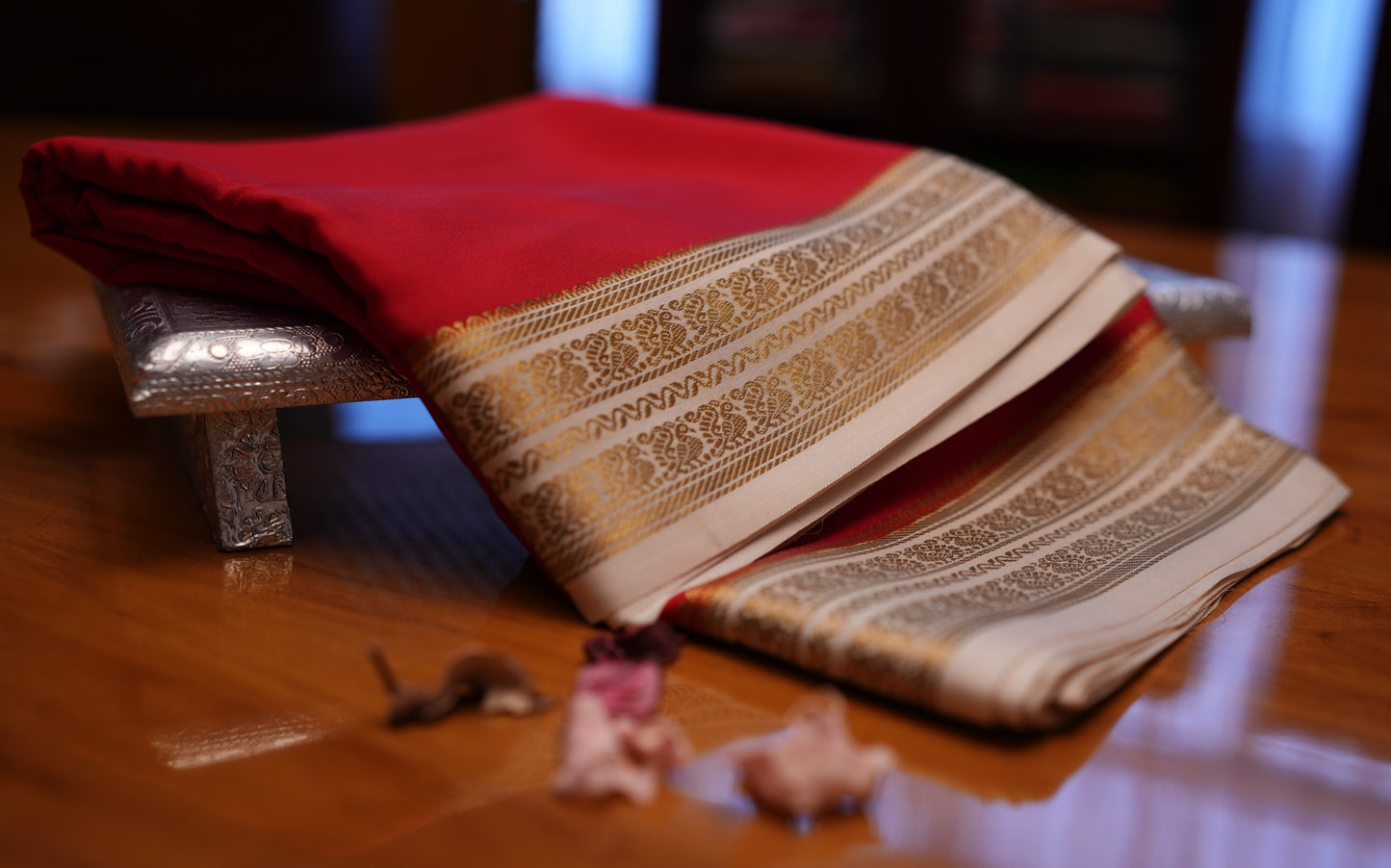 RED AND BEIGE PEACOCK MOTIFS MYSORE SILK SAREE