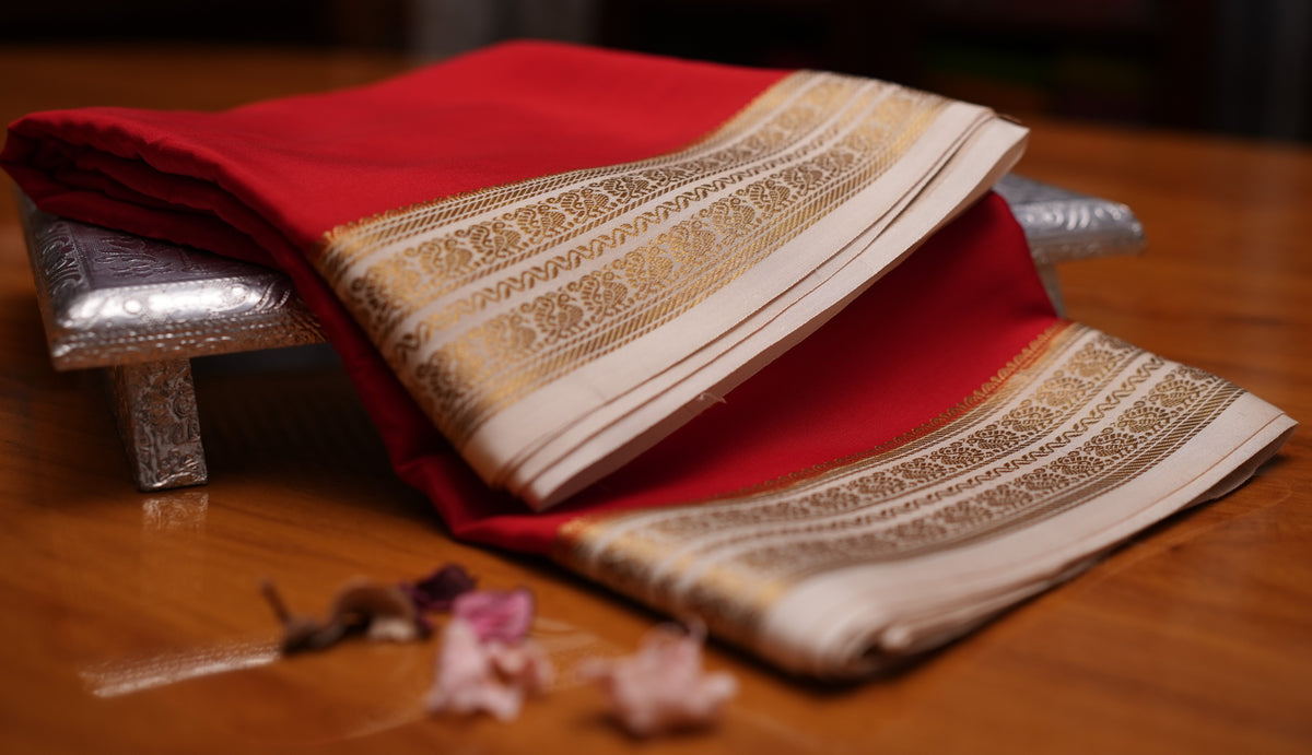 RED AND BEIGE PEACOCK MOTIFS MYSORE SILK SAREE