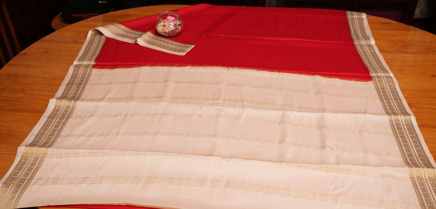 RED AND BEIGE PEACOCK MOTIFS MYSORE SILK SAREE