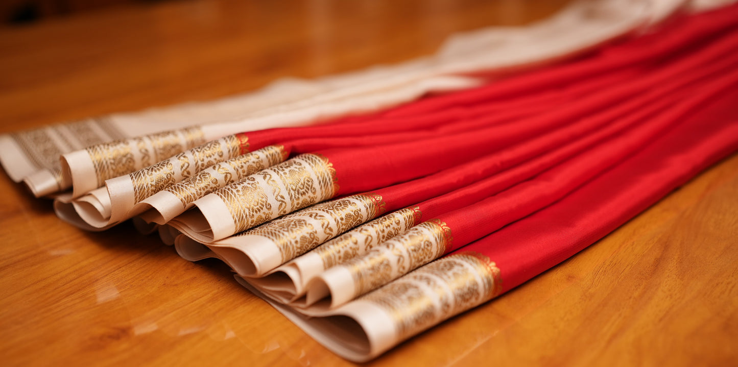 RED AND BEIGE PEACOCK MOTIFS MYSORE SILK SAREE