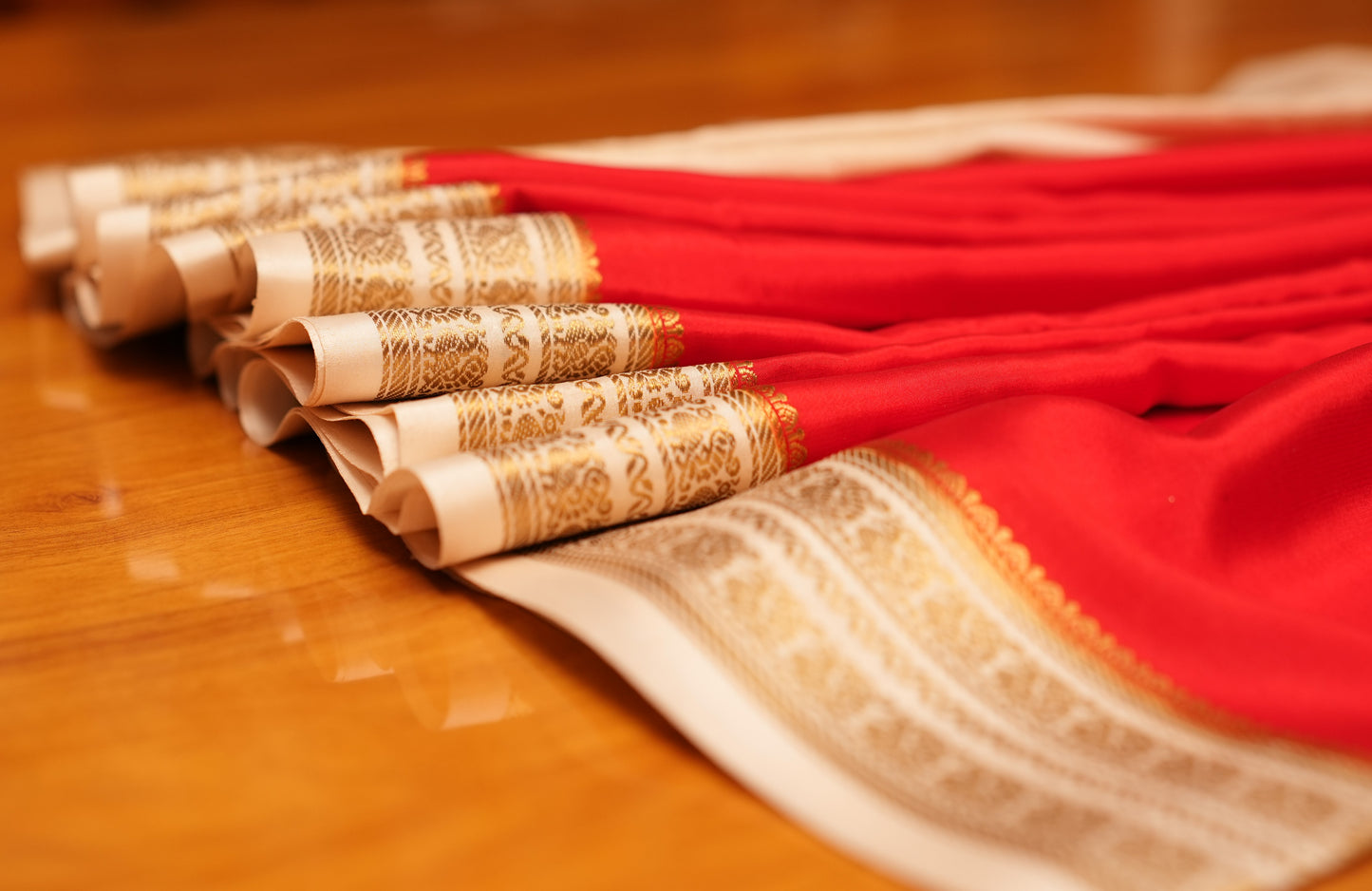 RED AND BEIGE PEACOCK MOTIFS MYSORE SILK SAREE