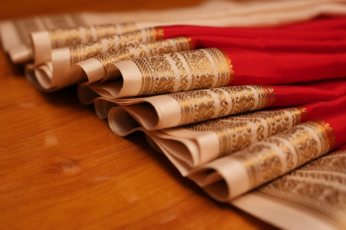 RED AND BEIGE PEACOCK MOTIFS MYSORE SILK SAREE