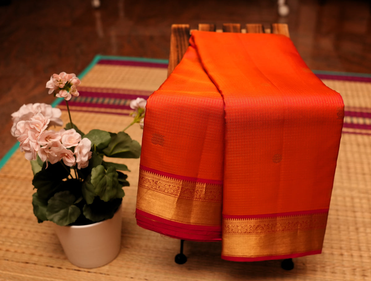 ORANGE CHECKS KANCHIPURAM SILK SAREE