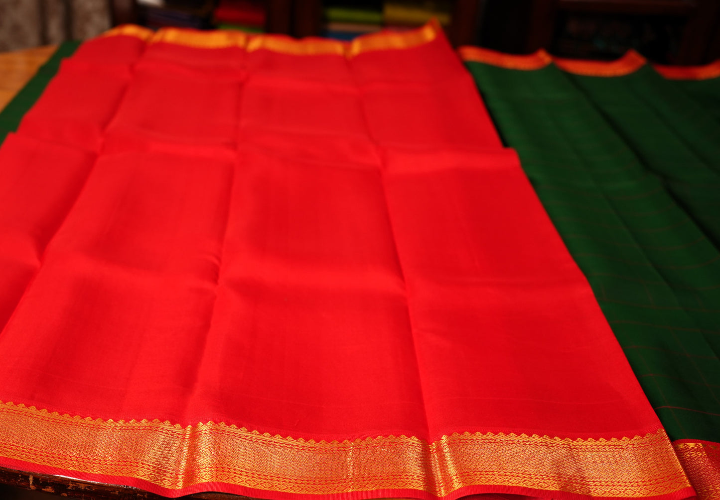 BOTTLE GREEN CHECKS KANCHIPURAM SILK SAREE