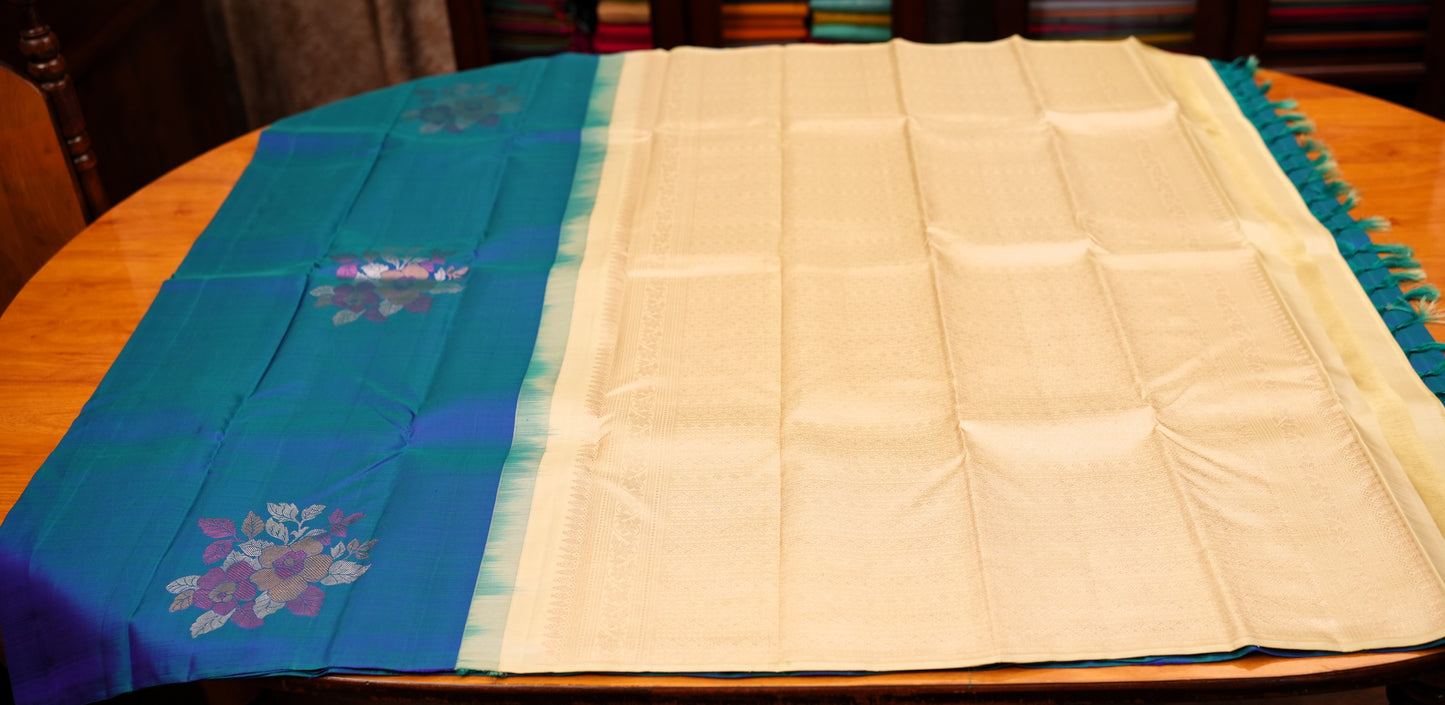 TEAL BLUE 3D KANCHIPURAM SILK SAREE