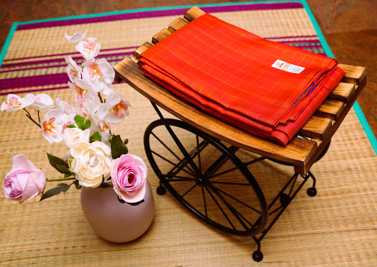ORANGE ZARI CHECKS KANCHIPURAM SILK SAREE