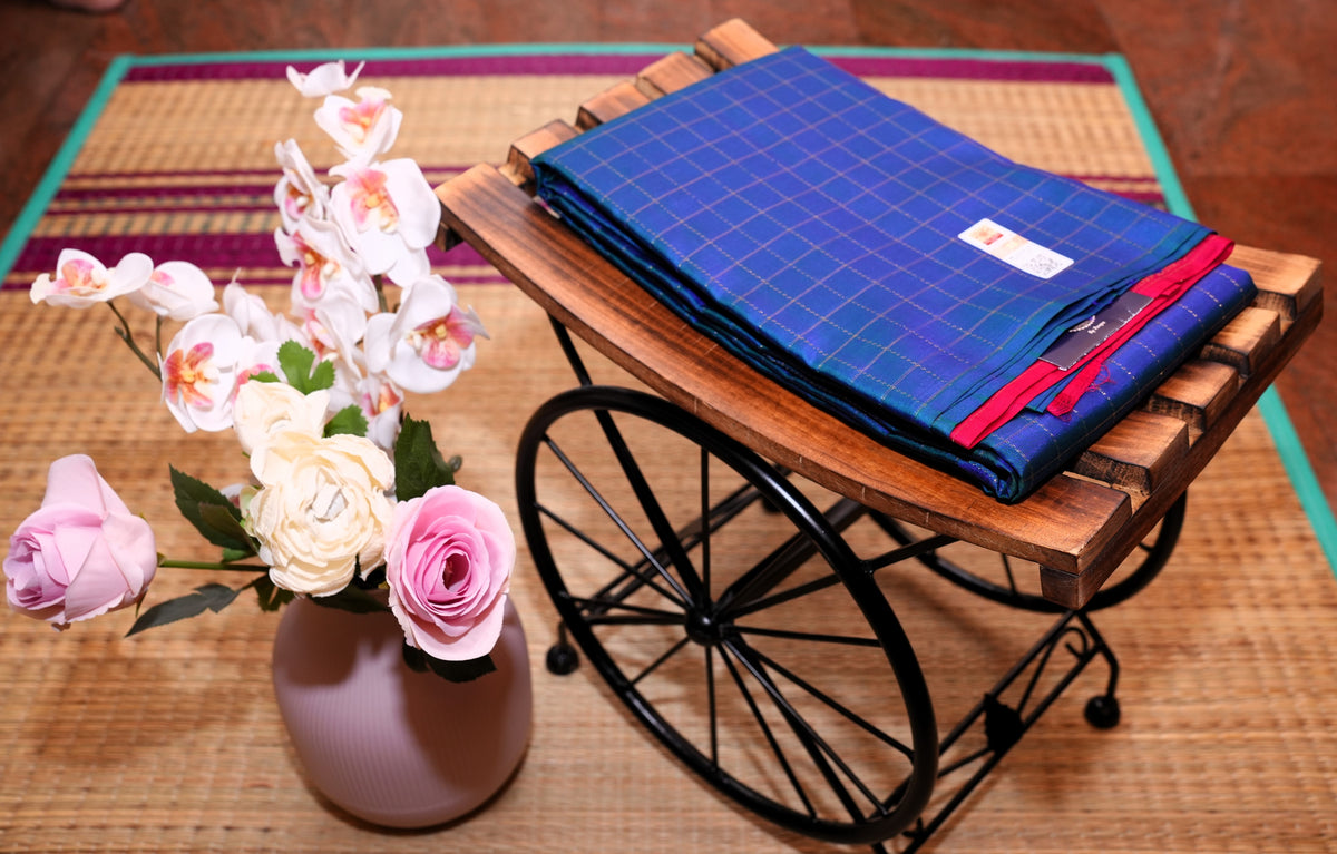 INK BLUE ZARI CHECKS KANCHIPURAM SILK SAREE