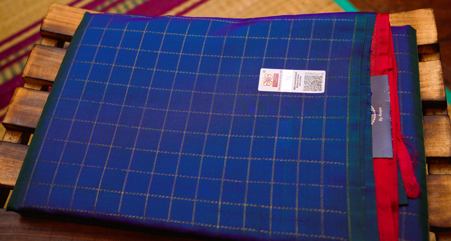 BLUISH GREEN ZARI CHECKS KANCHIPURAM SILK SAREE