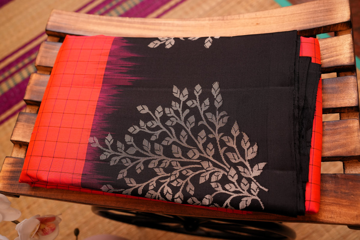 ORANGISH RED CHECKS KANCHIPURAM SILK SAREE