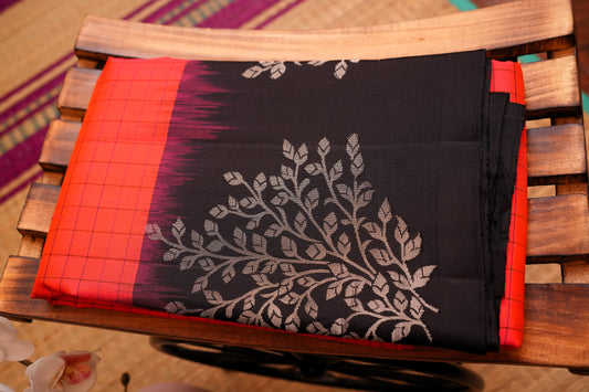 ORANGISH RED CHECKS KANCHIPURAM SILK SAREE