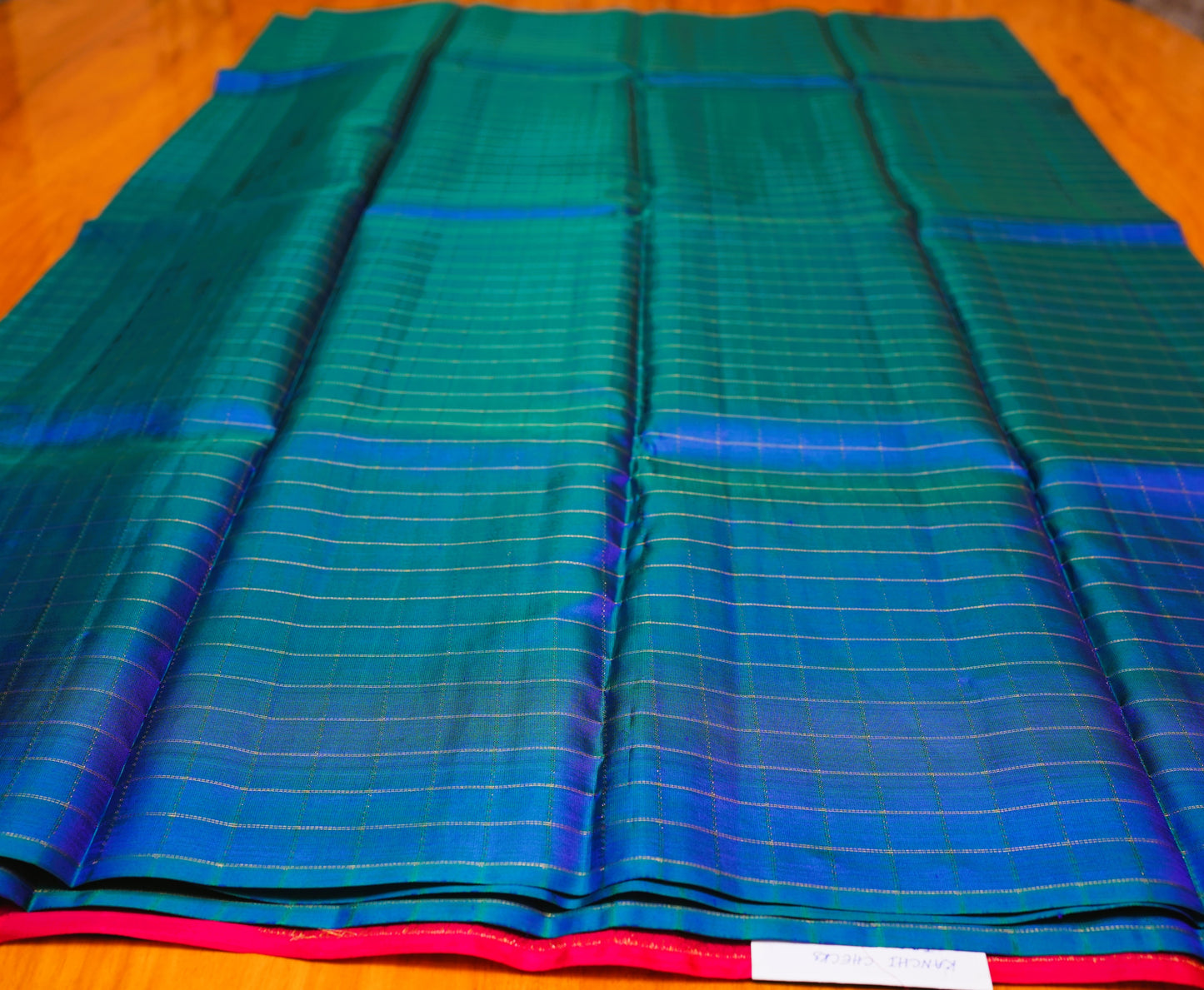 BLUISH GREEN ZARI CHECKS KANCHIPURAM SILK SAREE