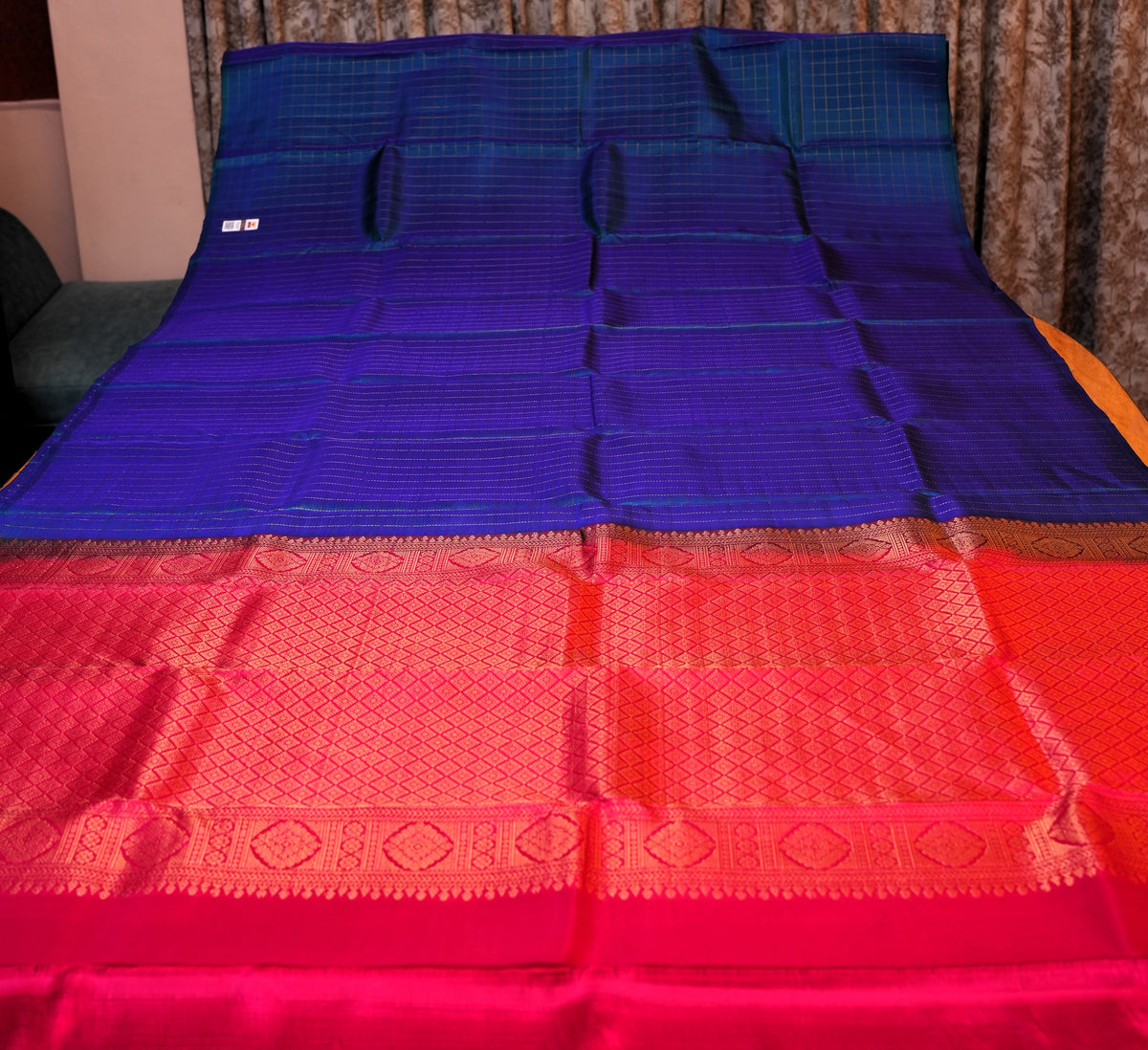 BLUISH GREEN ZARI CHECKS KANCHIPURAM SILK SAREE
