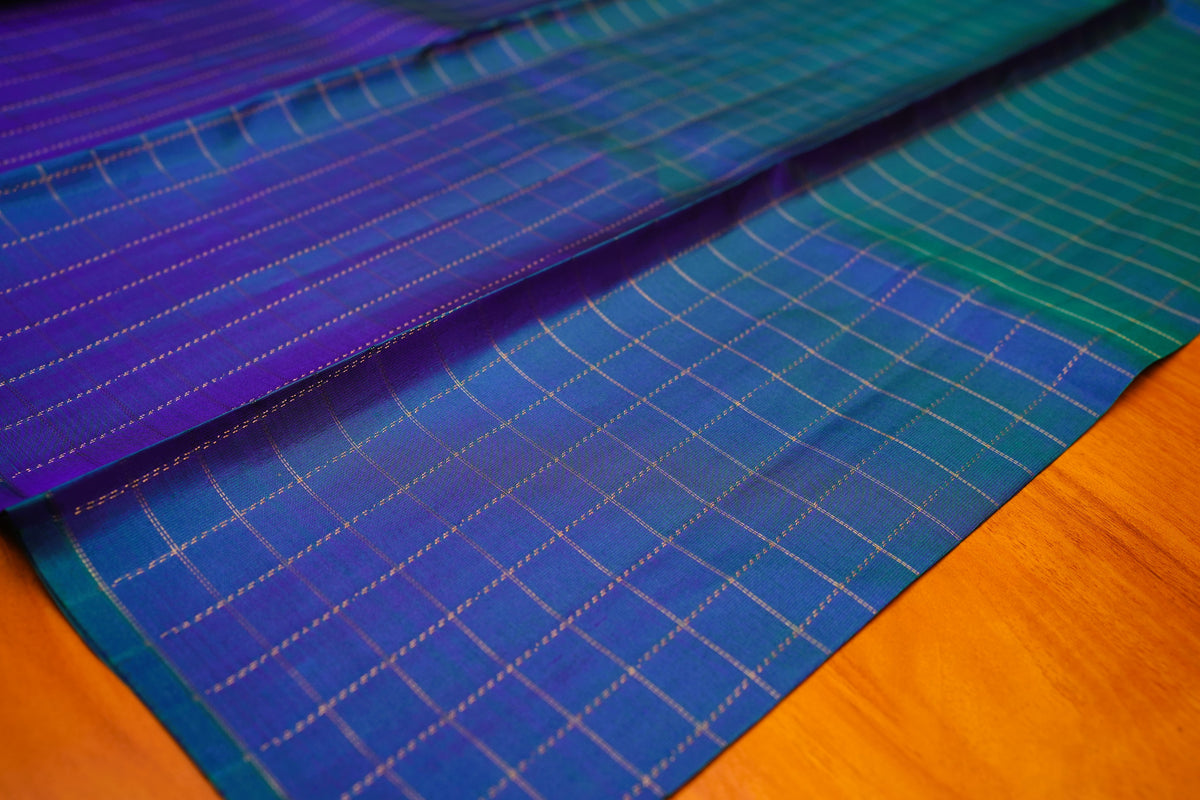 BLUISH GREEN ZARI CHECKS KANCHIPURAM SILK SAREE