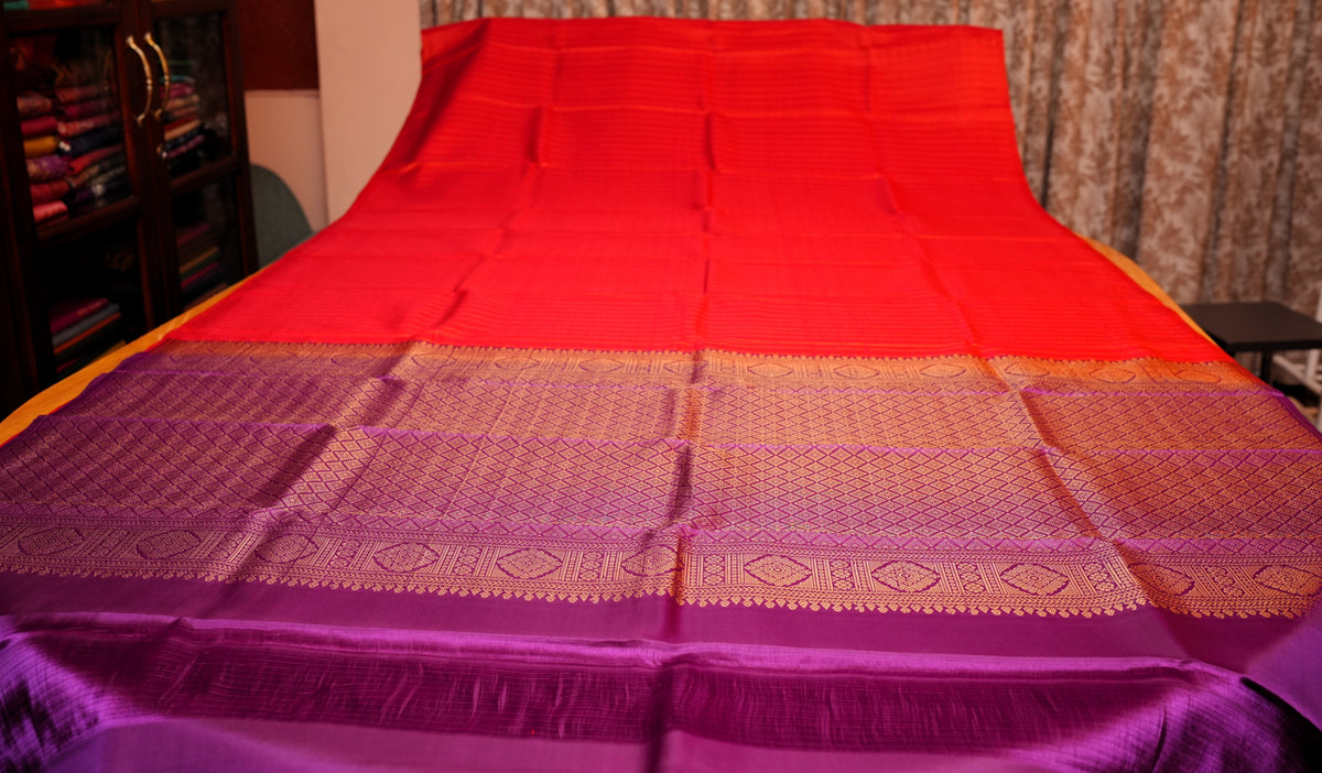 ORANGE ZARI CHECKS KANCHIPURAM SILK SAREE