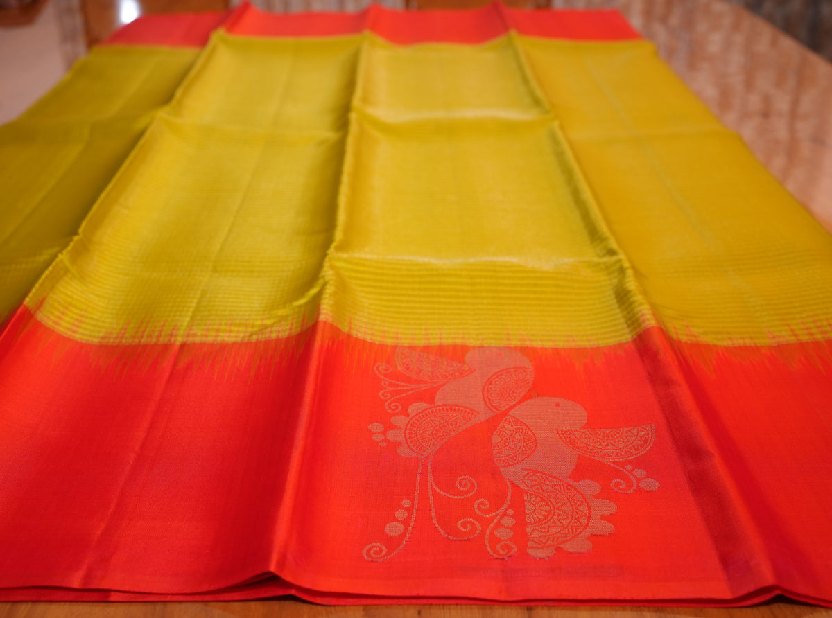 LIME GREEN CHECKS KANCHIPURAM SILK SAREE