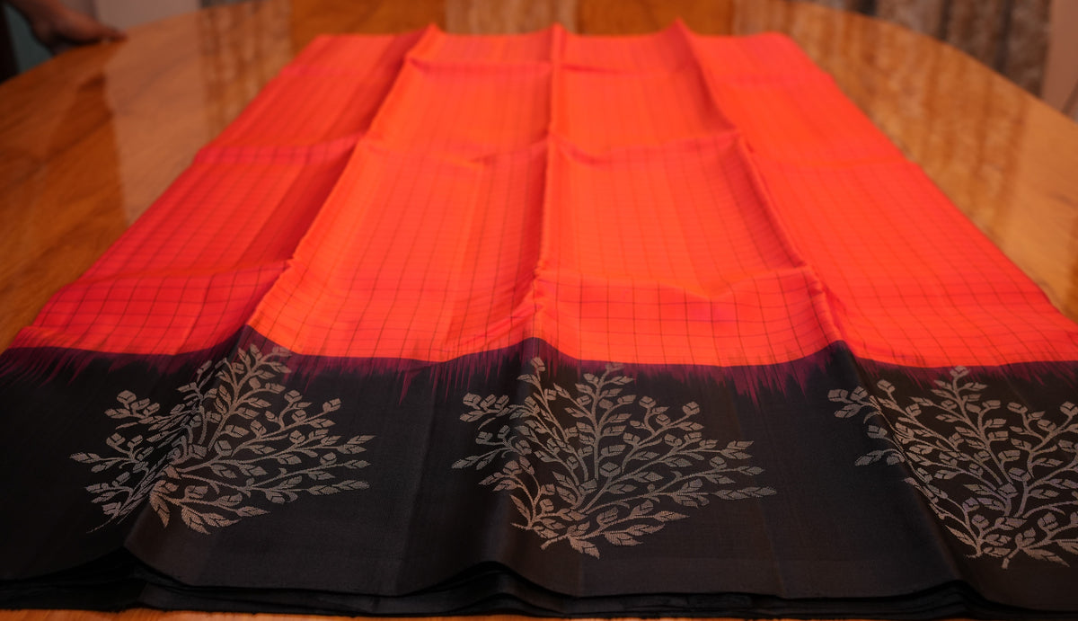 ORANGISH RED CHECKS KANCHIPURAM SILK SAREE