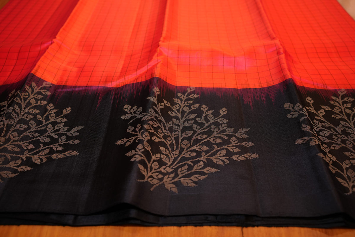 ORANGISH RED CHECKS KANCHIPURAM SILK SAREE