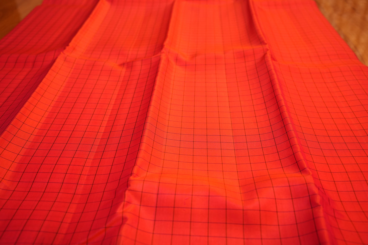 ORANGISH RED CHECKS KANCHIPURAM SILK SAREE