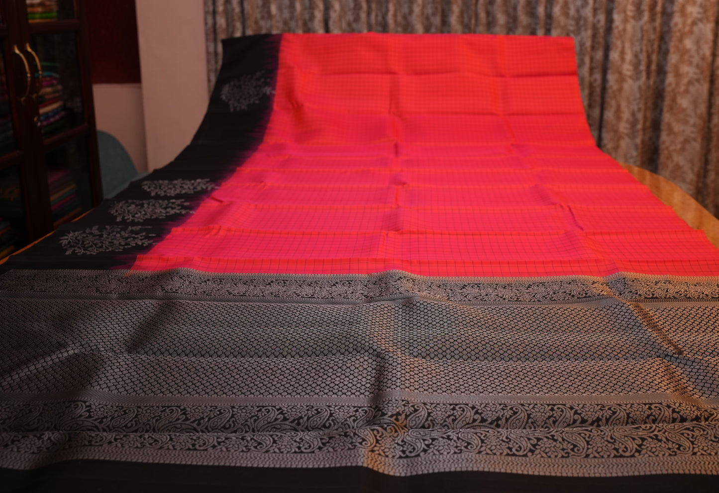 ORANGISH RED CHECKS KANCHIPURAM SILK SAREE