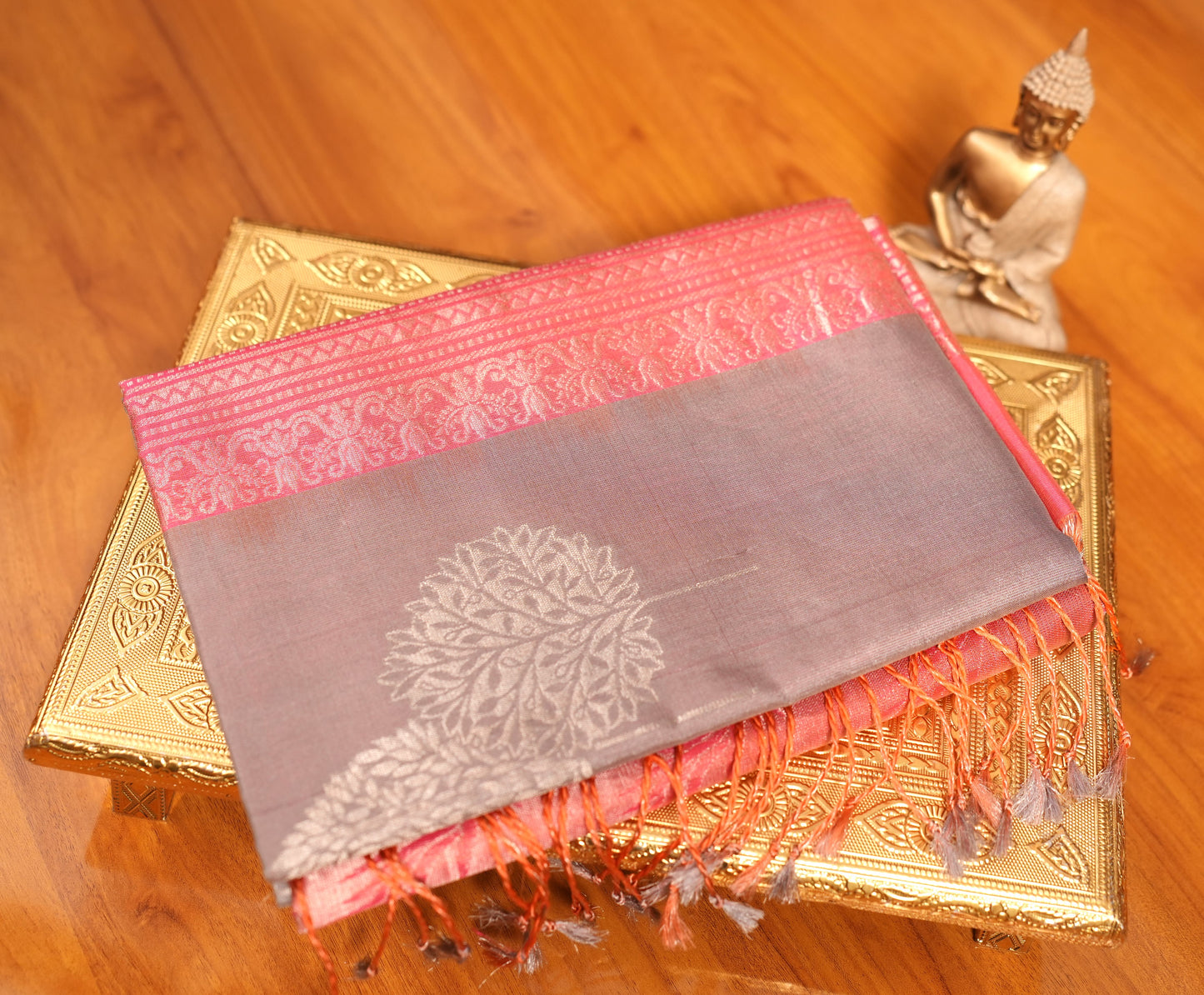 GREY AND PINK KANCHIPURAM SOFT SILK SAREE