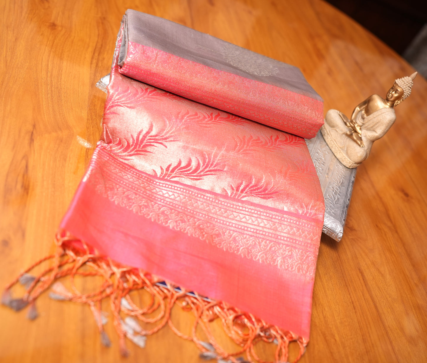 GREY AND PINK KANCHIPURAM SOFT SILK SAREE