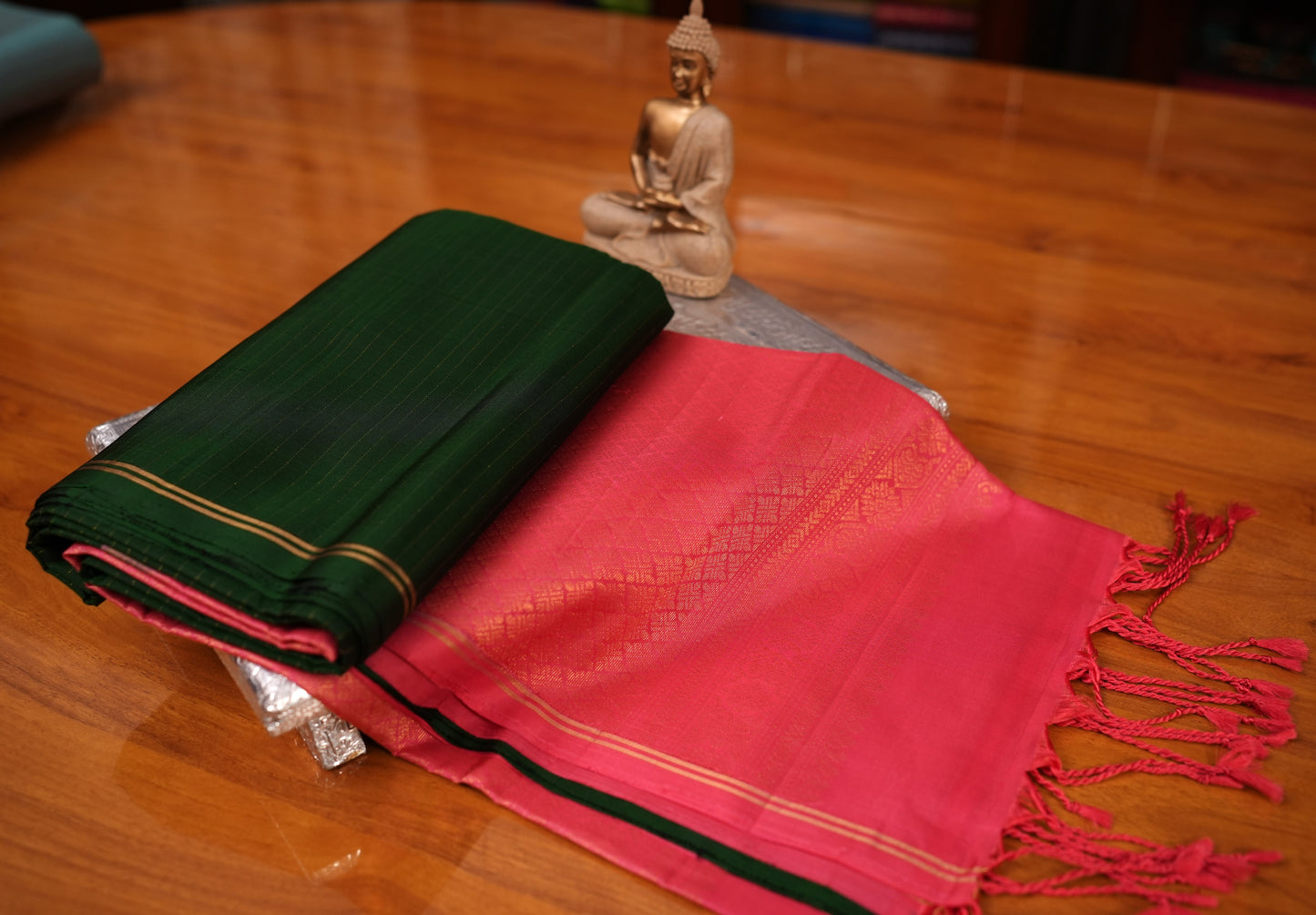 BOTTLE GREEN KANCHIPURAM SOFT SILK SAREE