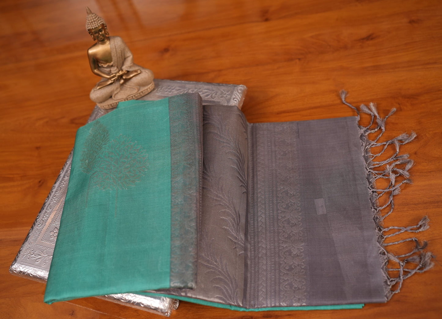 RAMA GREEN AND GREY KANCHIPURAM SOFT SILK SAREE