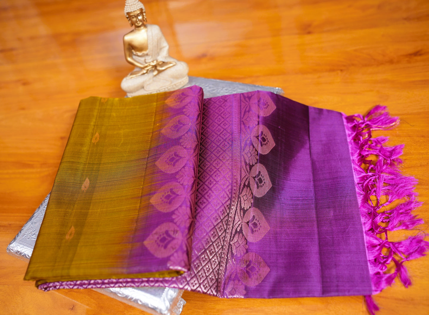 MEHENDI GREEN AND PURPLE KANCHIPURAM SOFT SILK SAREE