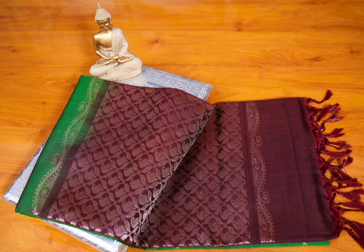 BOTTLE GREEN KANCHIPURAM SOFT SILK SAREE