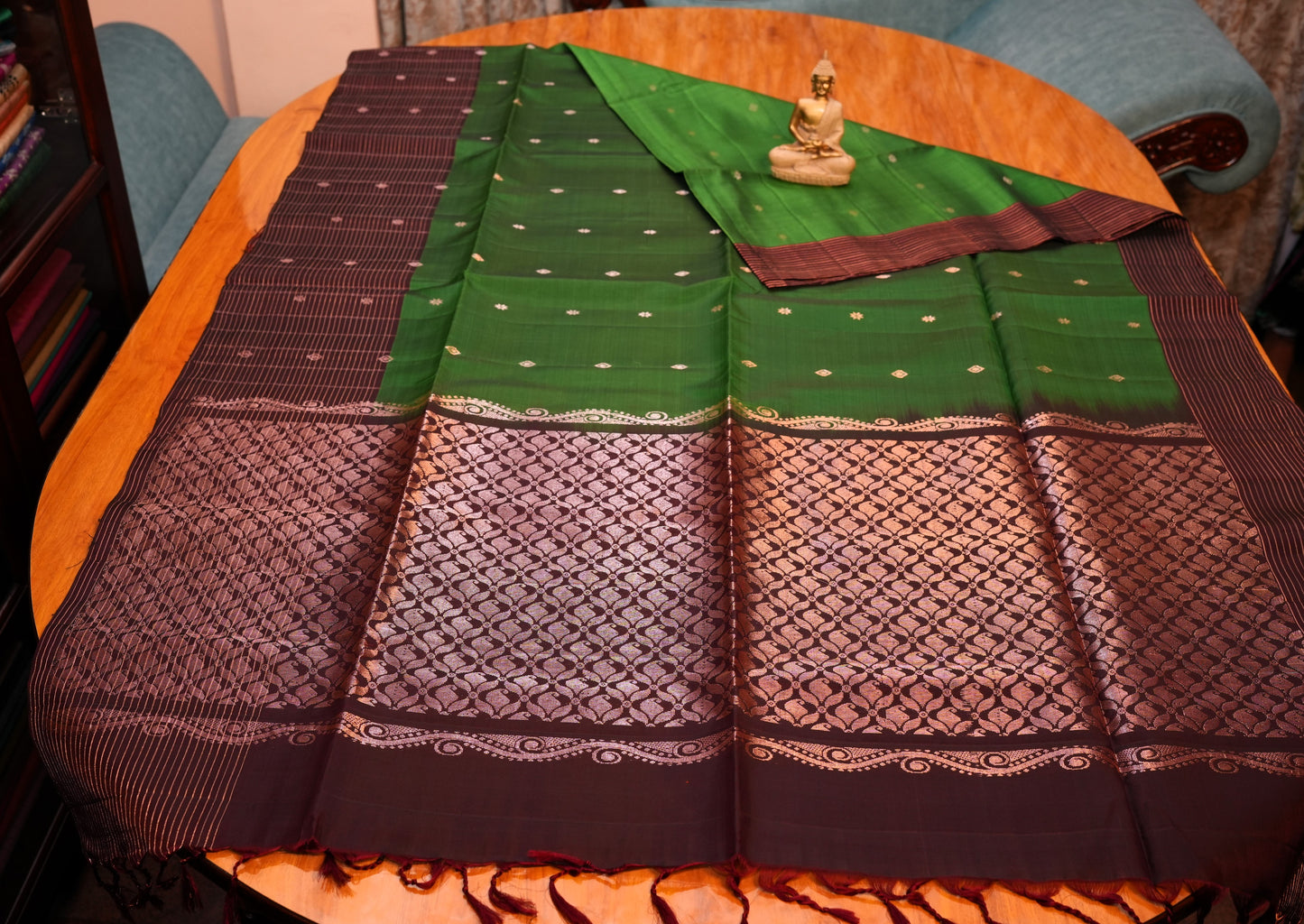 BOTTLE GREEN KANCHIPURAM SOFT SILK SAREE