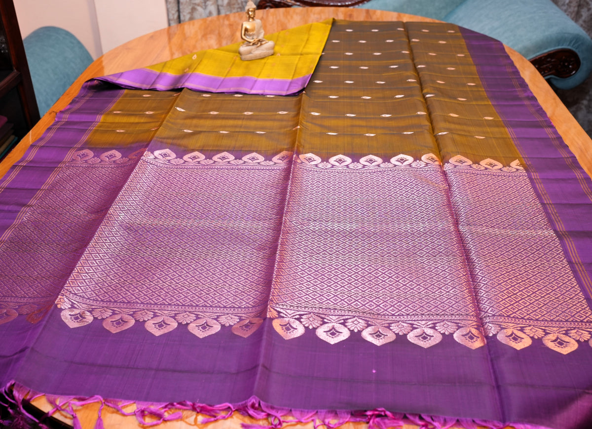 MEHENDI GREEN AND PURPLE KANCHIPURAM SOFT SILK SAREE