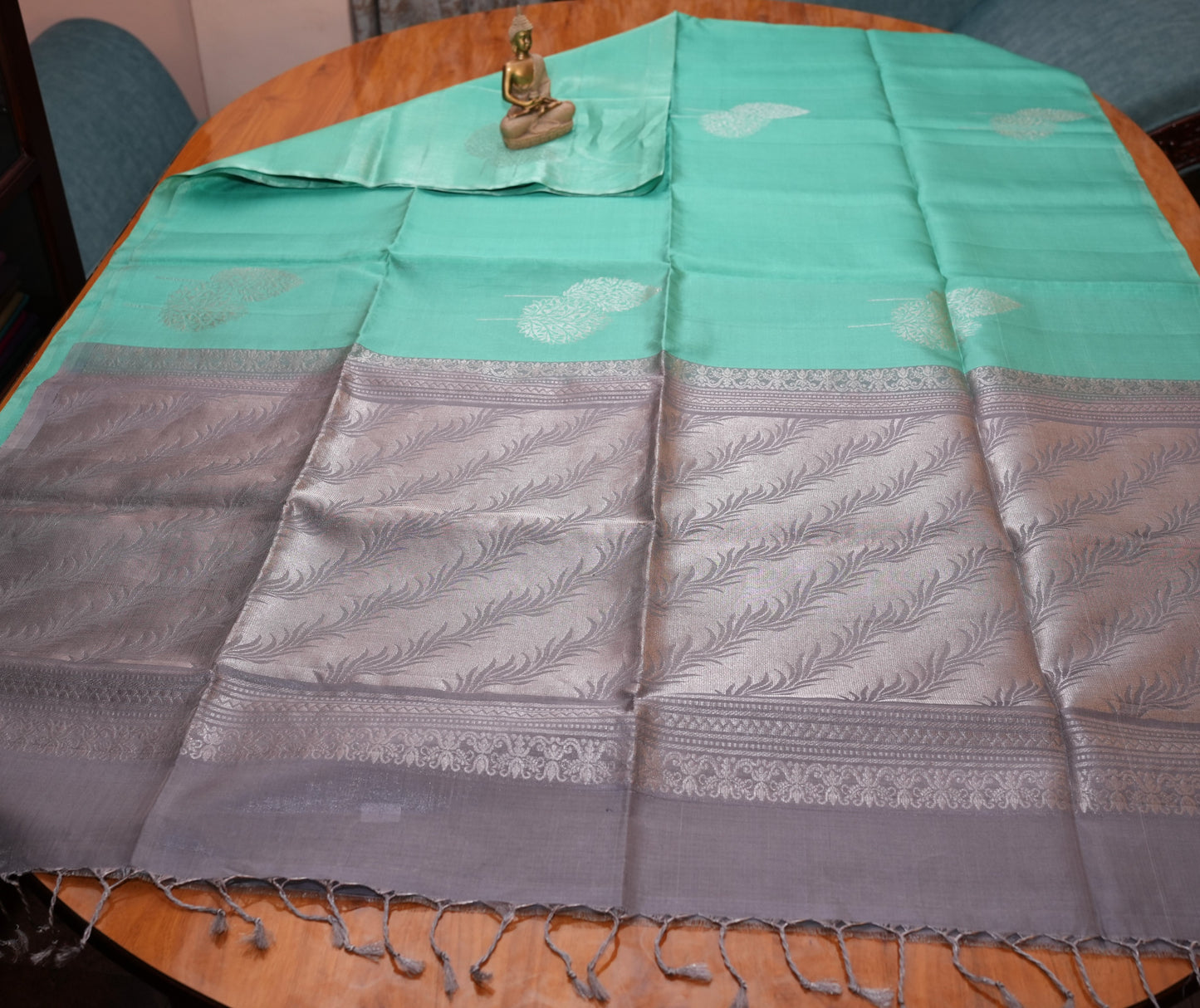 RAMA GREEN AND GREY KANCHIPURAM SOFT SILK SAREE