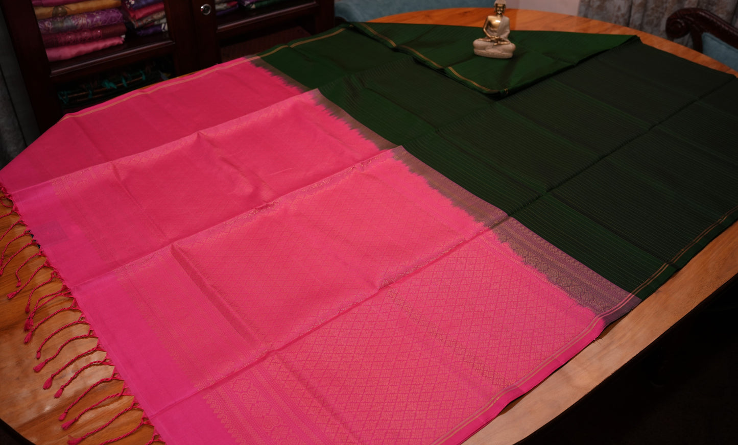 BOTTLE GREEN KANCHIPURAM SOFT SILK SAREE