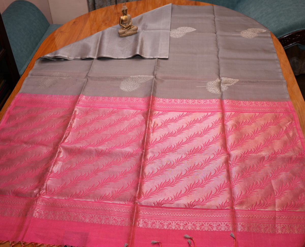 GREY AND PINK KANCHIPURAM SOFT SILK SAREE