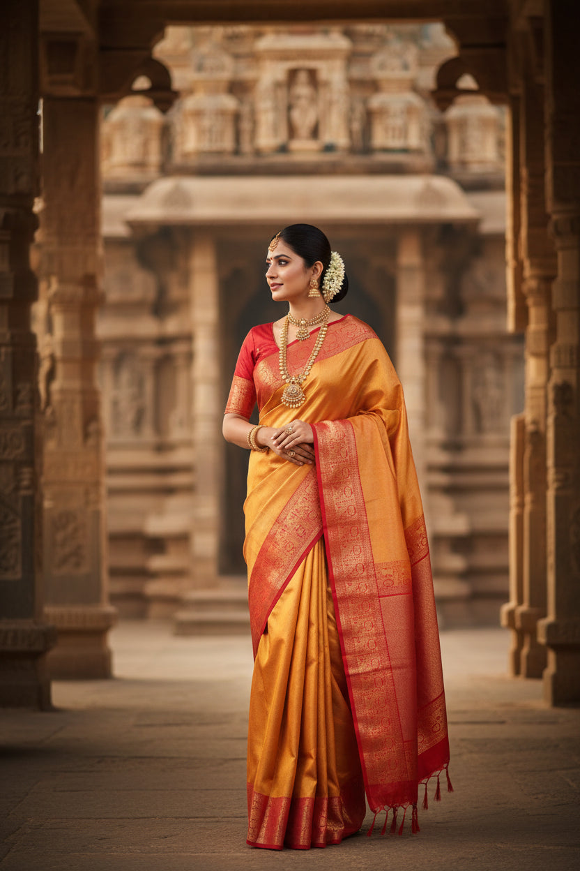 YELLOW KANCHIPURAM BROCADE SOFT SILK SAREE