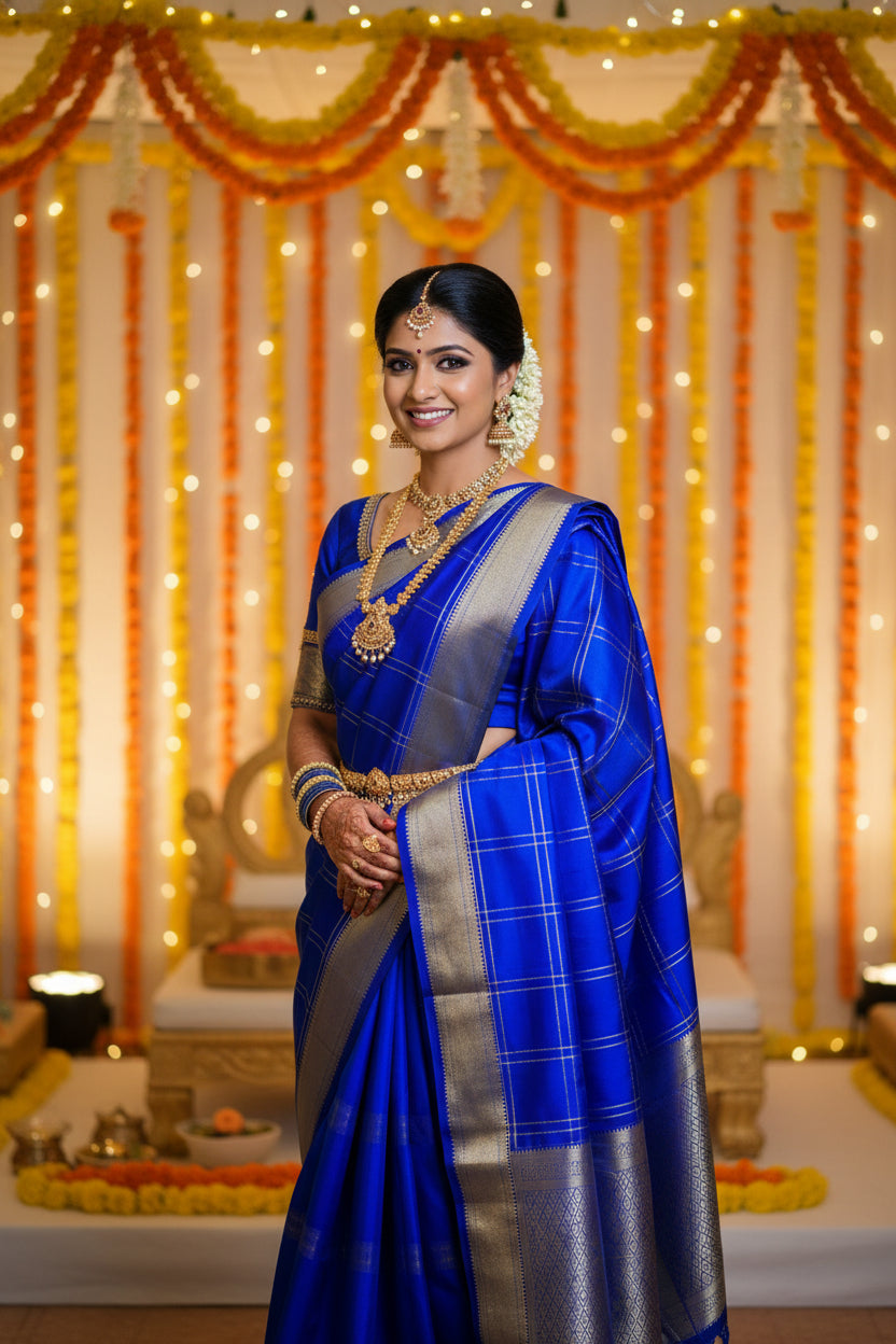 INK BLUE CHECKS MYSORE SILK SAREE