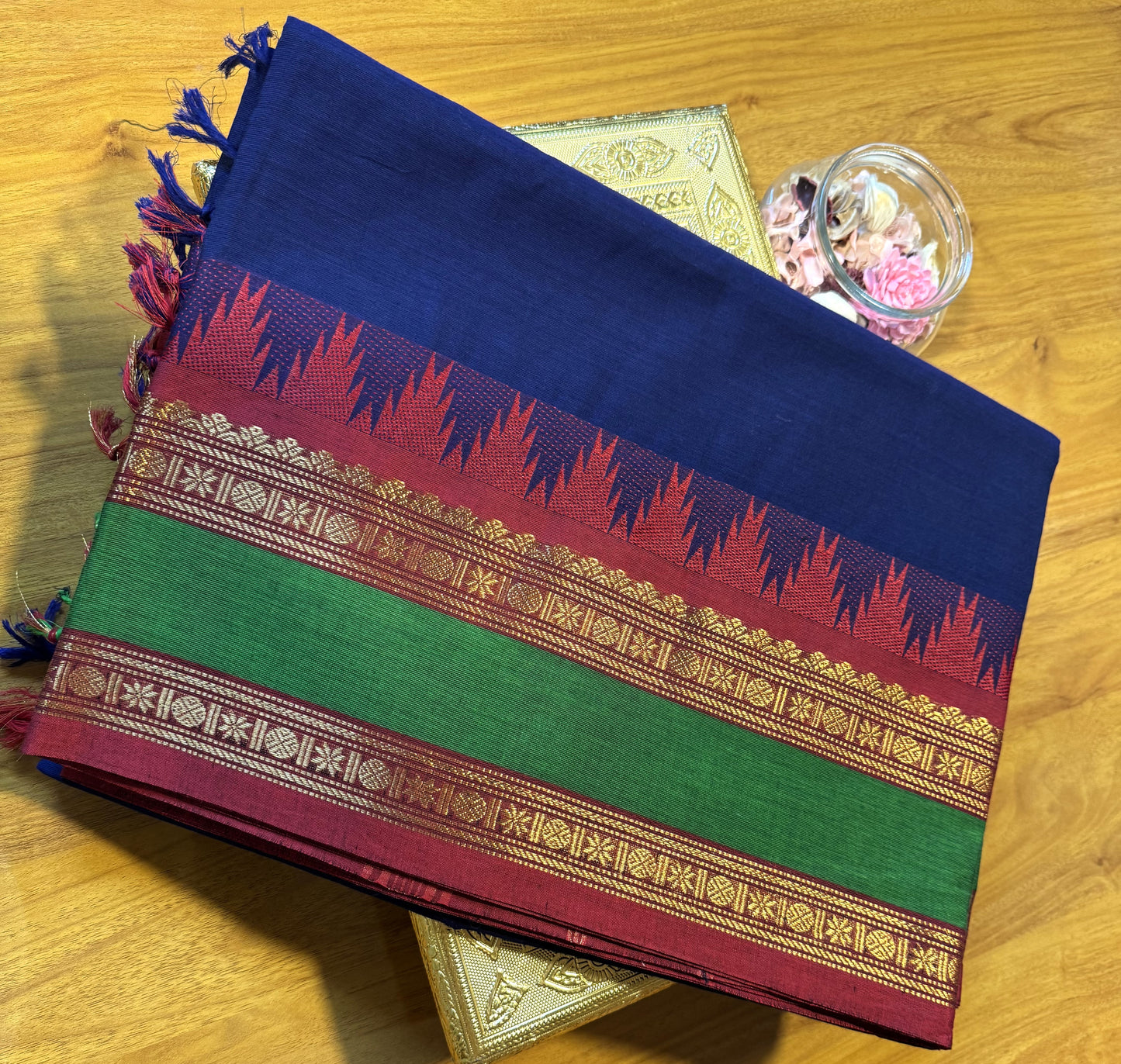 DARK BLUE TEMPLE BORDER CHETTINAD COTTON SAREE
