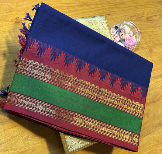 DARK BLUE TEMPLE BORDER CHETTINAD COTTON SAREE