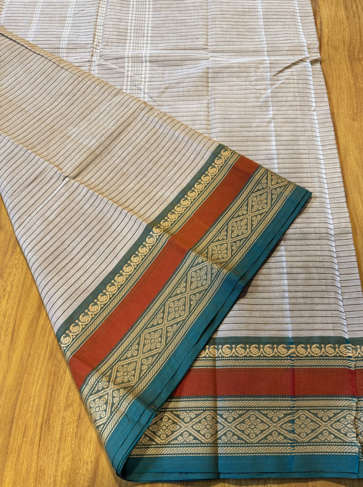 BROWNISH BEIGE STRIPES CHETTINAD COTTON SAREE