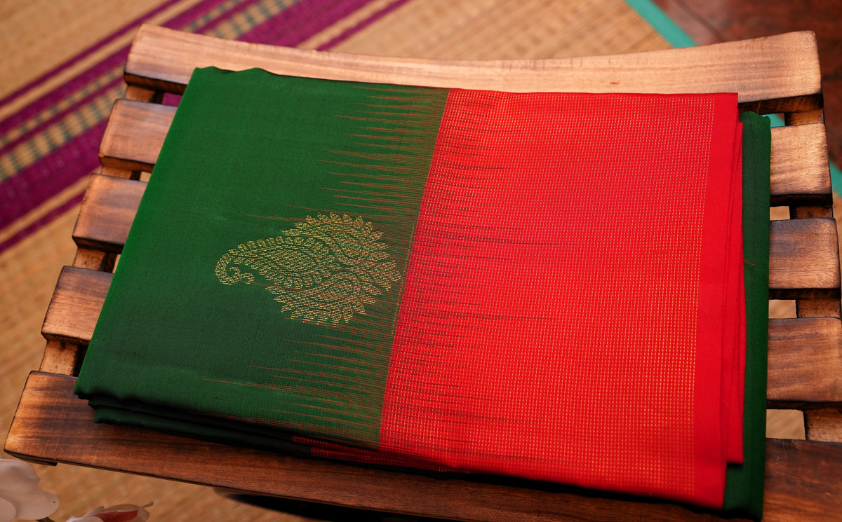 GREEN AND RED PURE KANCHIPURAM SILK SAREE