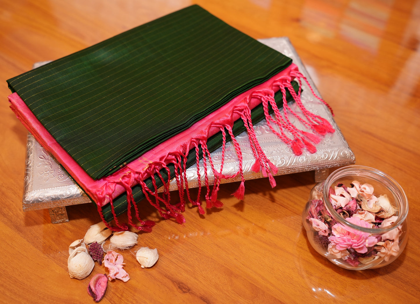 BOTTLE GREEN KANCHIPURAM SOFT SILK SAREE